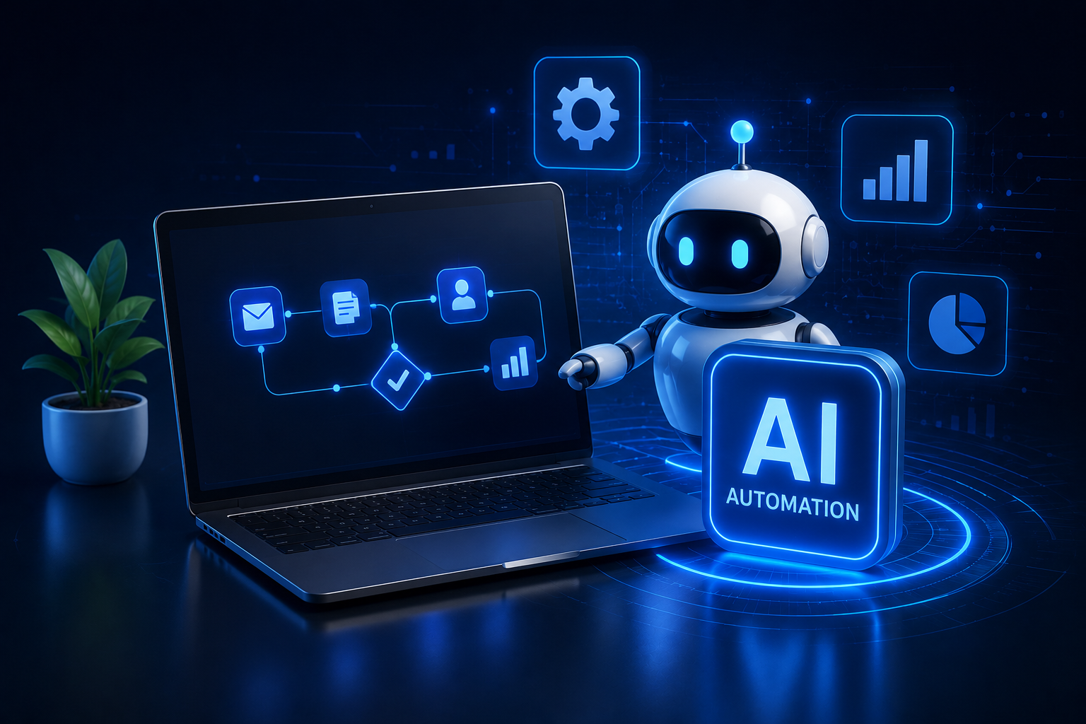 AI automation workflow visual with robot, laptop, automation nodes, and analytics icons