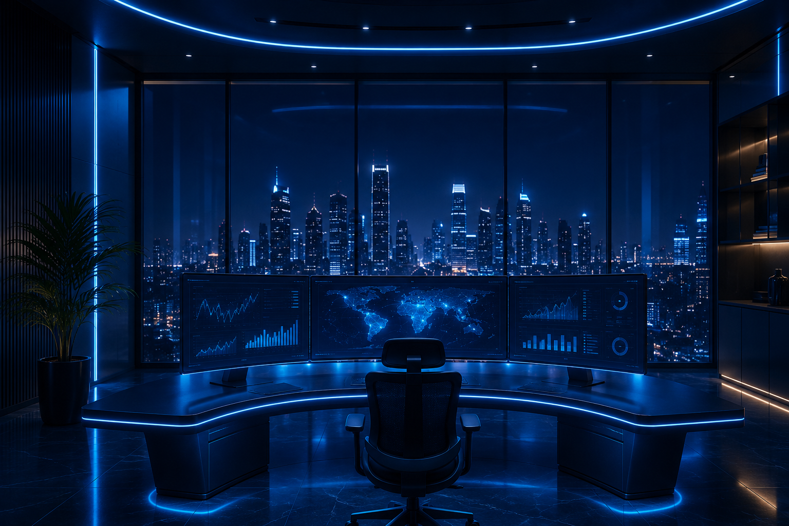 Futuristic analytics command center with growth dashboards and city skyline