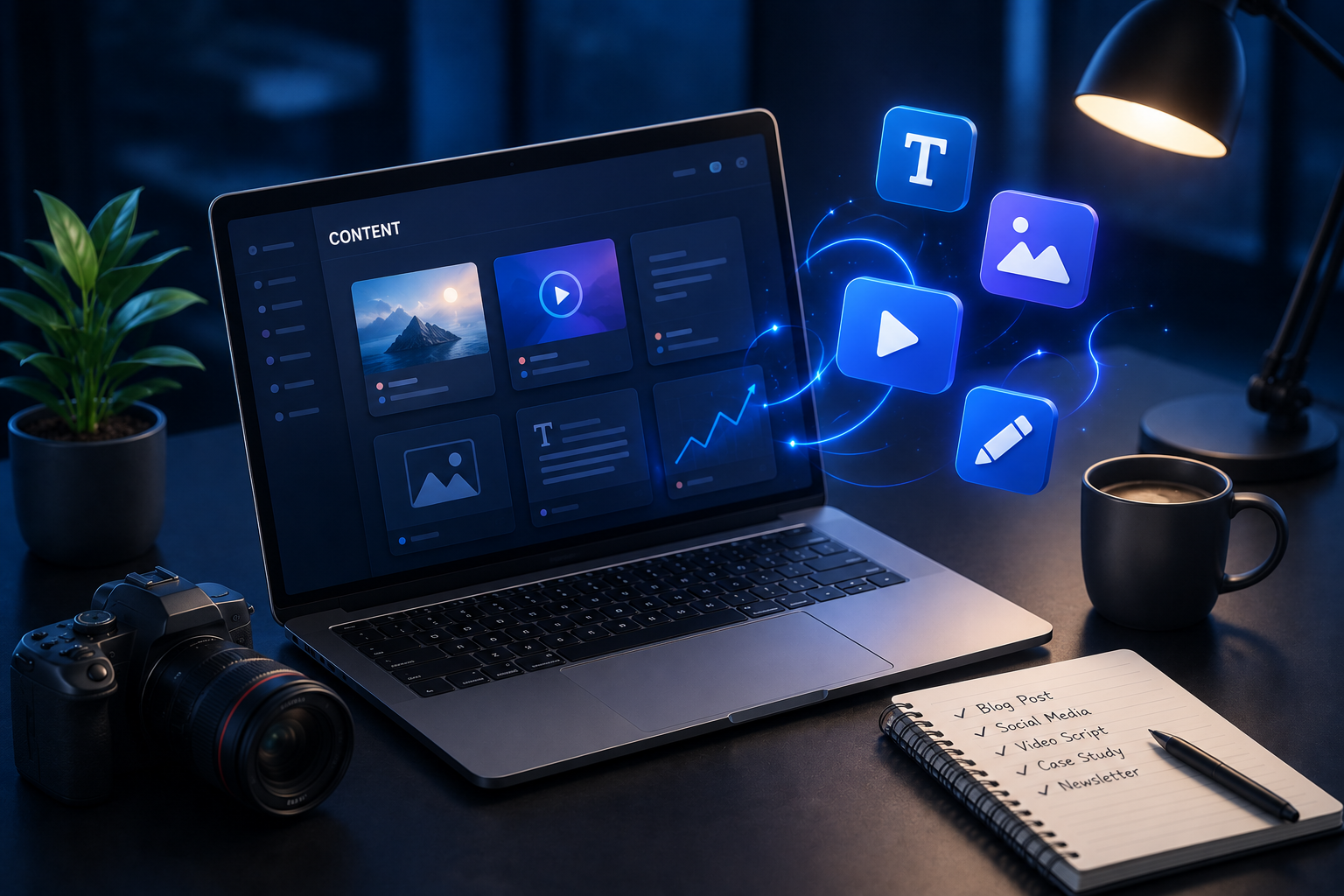 Content and video marketing workspace with laptop, media icons, camera, and content checklist
