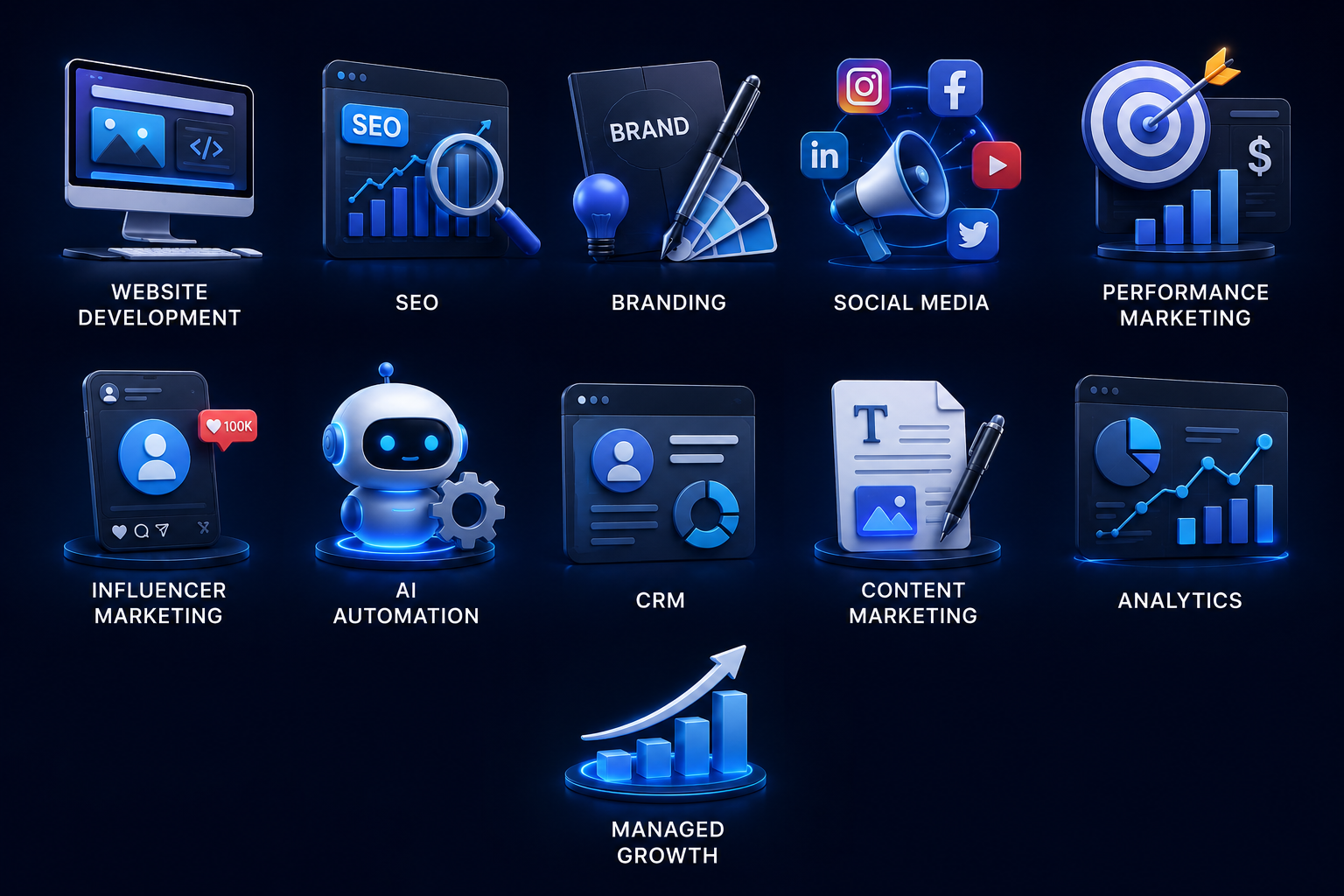 Futuristic icons representing Shine Ladder growth services