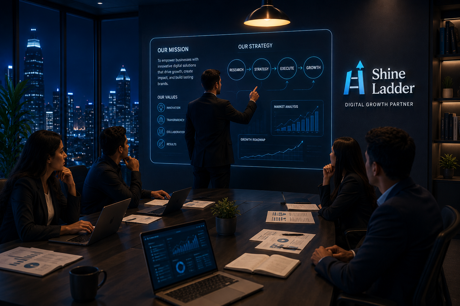 Business growth strategy meeting with futuristic dashboard