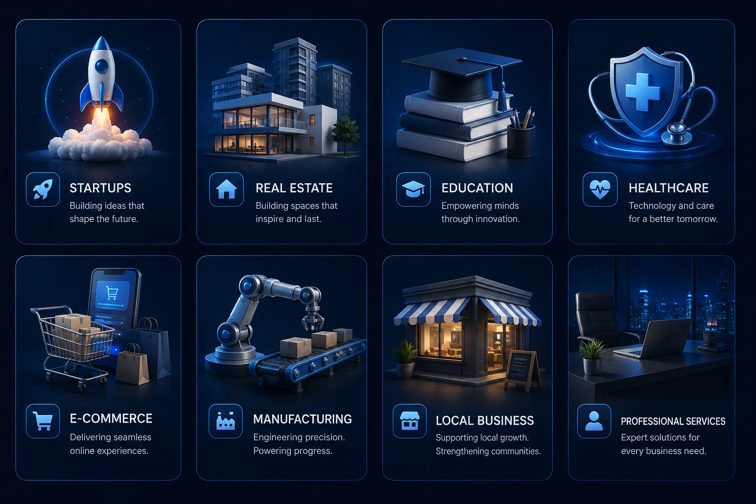 Futuristic industry cards for business categories served by Shine Ladder