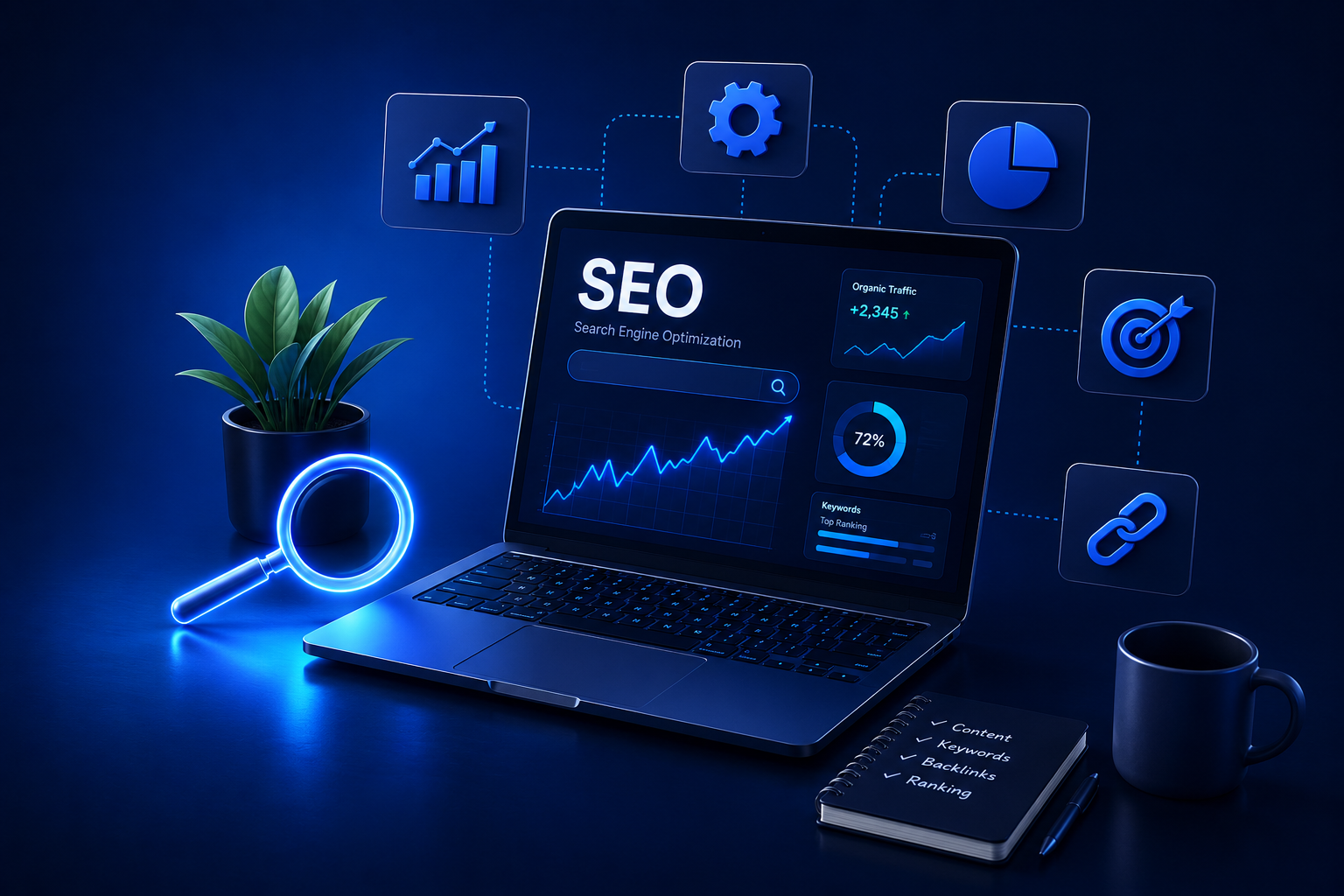 Futuristic SEO dashboard with organic traffic, rankings, backlinks, and search growth