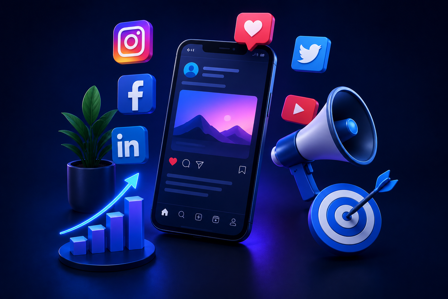 Futuristic social media marketing visual with phone, platform icons, megaphone, and growth chart